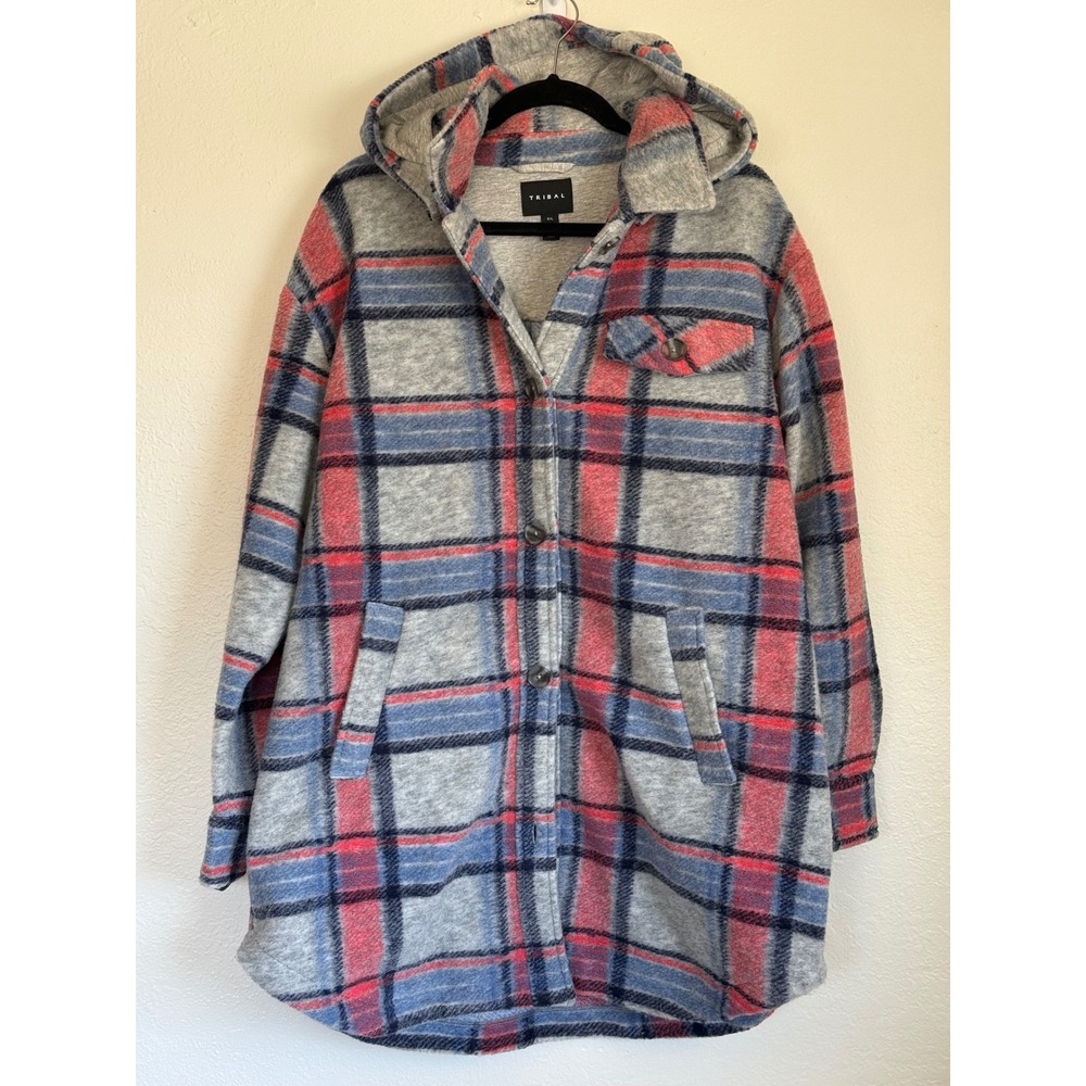 Tribal Plaid Hooded Shacket Jacket Grey Mix Detachable Hood L NWT